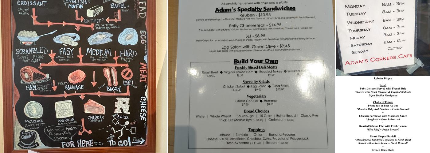 Adam's Corners Cafe Menu