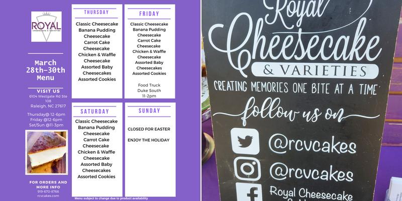 Royal Cheesecake & Varieties, LLC Menu