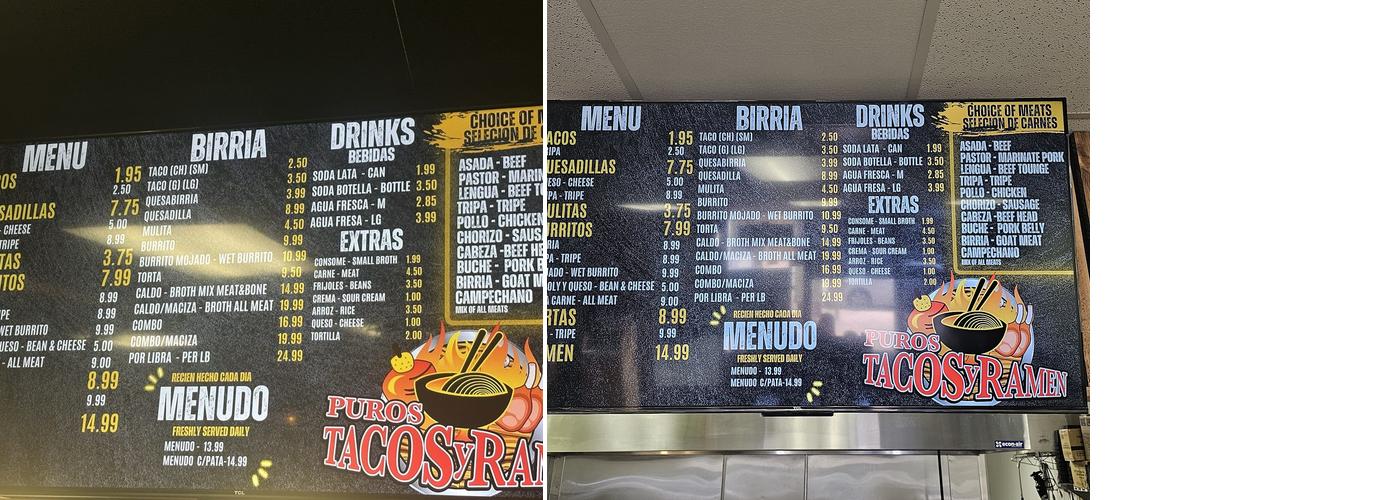 Puros Tacos Y Ramen Menu