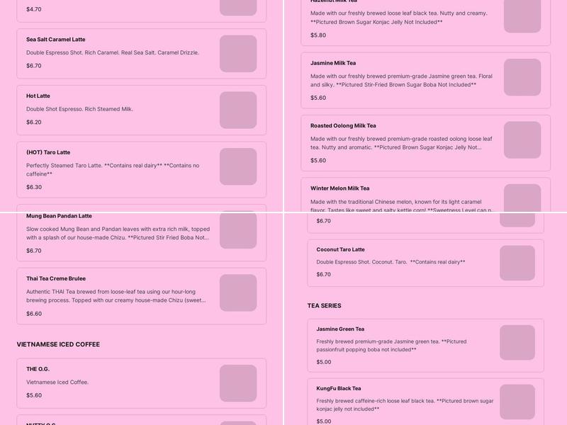 Bober Tea & Coffee Menu