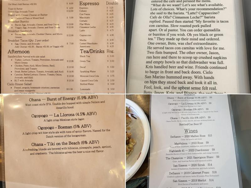 Cielo San Marino Menu