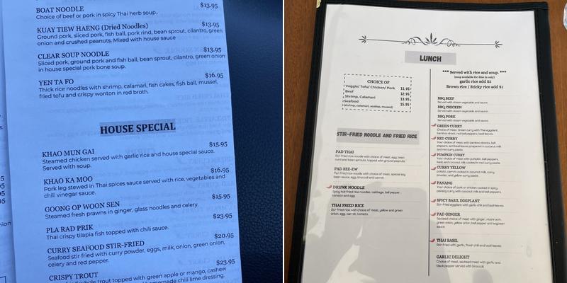 Homey Thai Bistro Menu