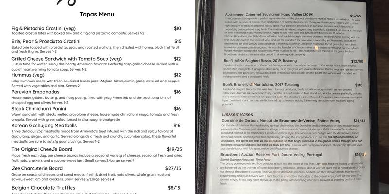 Zephyr Wine Bar + Bottle Menu