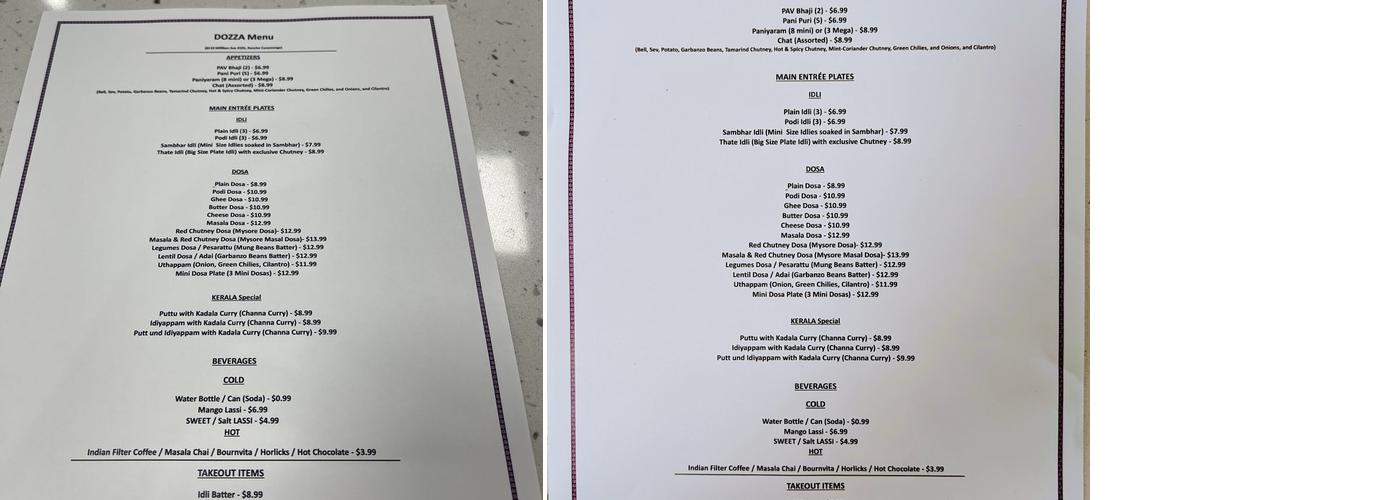 Dozza Menu