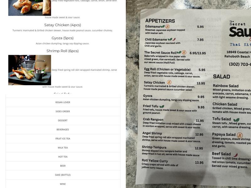 The Secret Sauce Thai Kitchen Menu