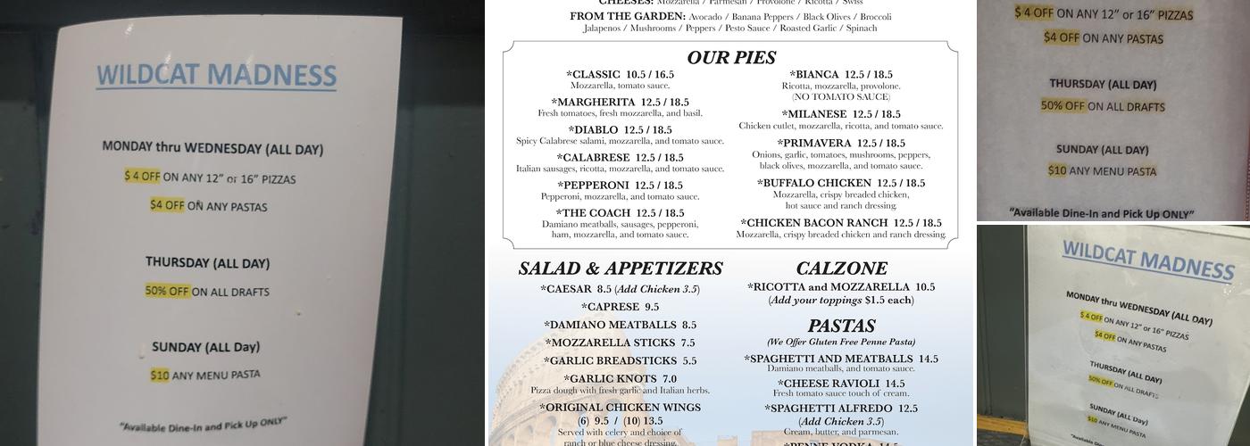 Damiano Pizza and Pasta Menu