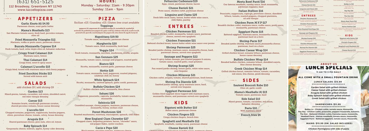 L’uccello Pizza & Italian Fare Menu