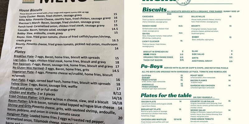 Cascade Biscuit Kitchen Menu