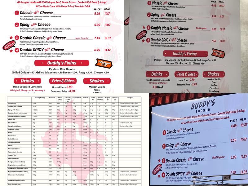 Buddy's Burger Menu