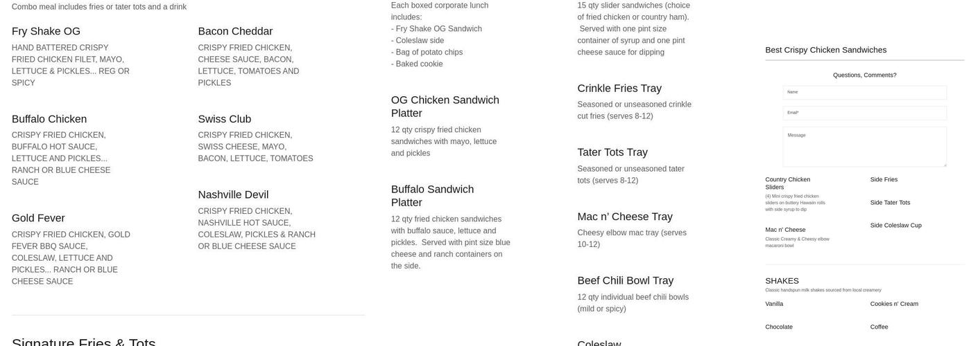 Fry Shake Menu