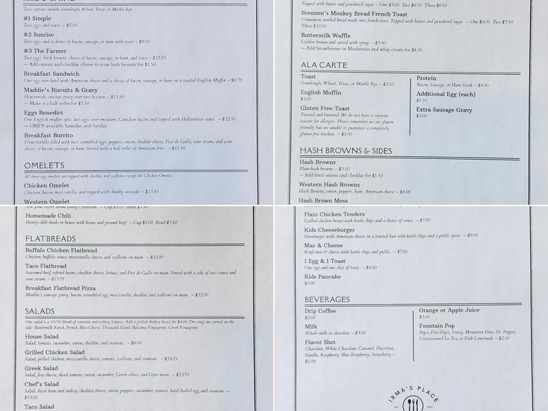 Irma's Place Menu