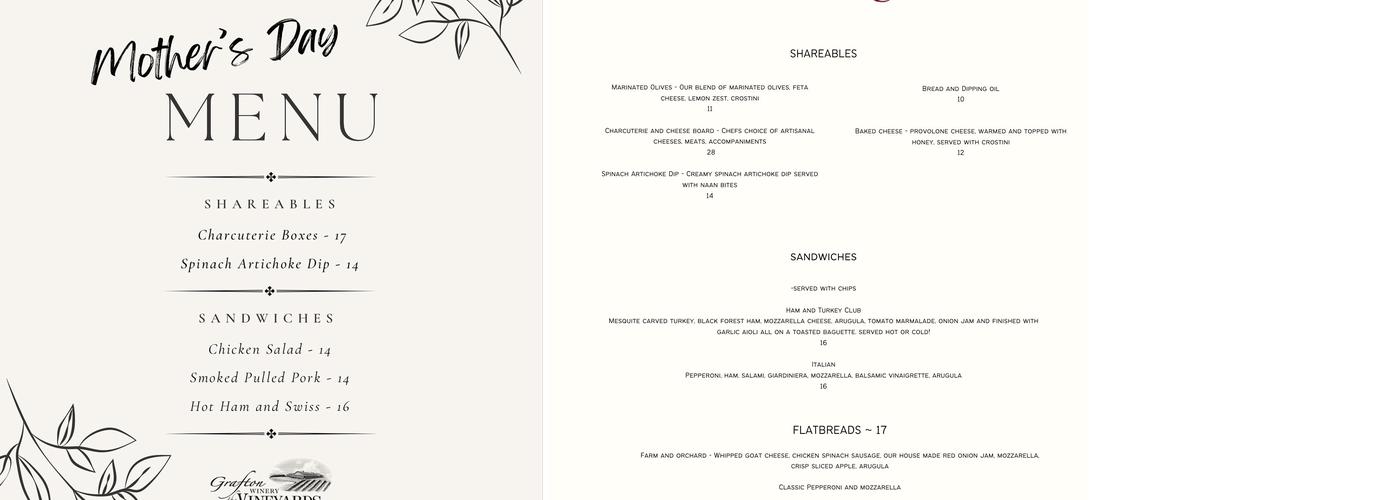 Grafton Winery the Vineyards Menu