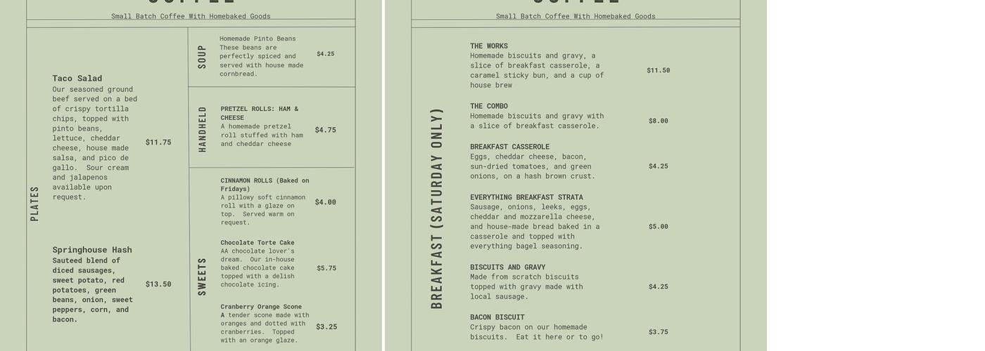 The SpringHouse Menu