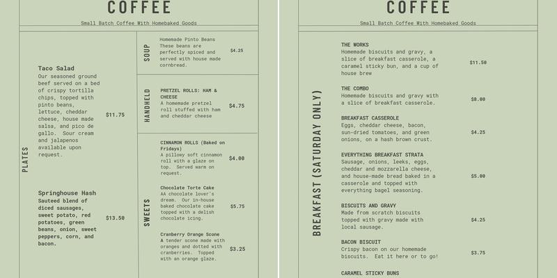 The SpringHouse Menu