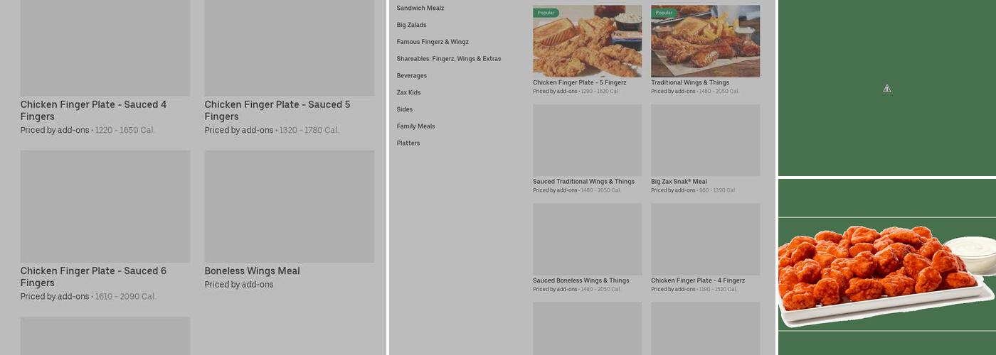 Zaxbys Chicken Fingers & Buffalo Wings Menu