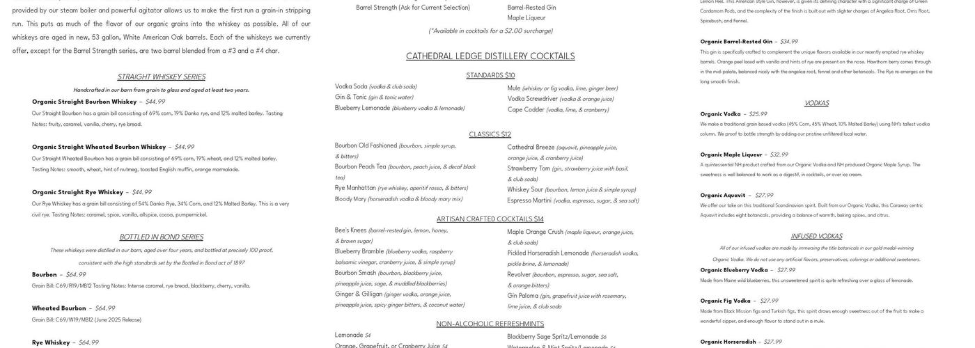 Cathedral Ledge Distillery Menu