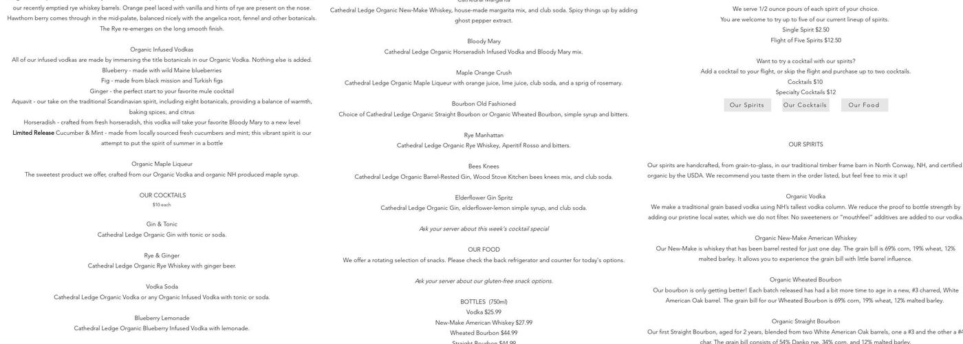 Cathedral Ledge Distillery Menu