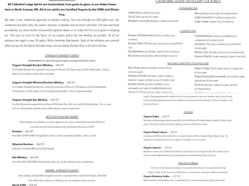 Cathedral Ledge Distillery Menu