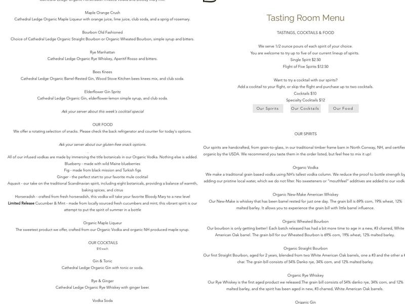 Cathedral Ledge Distillery Menu