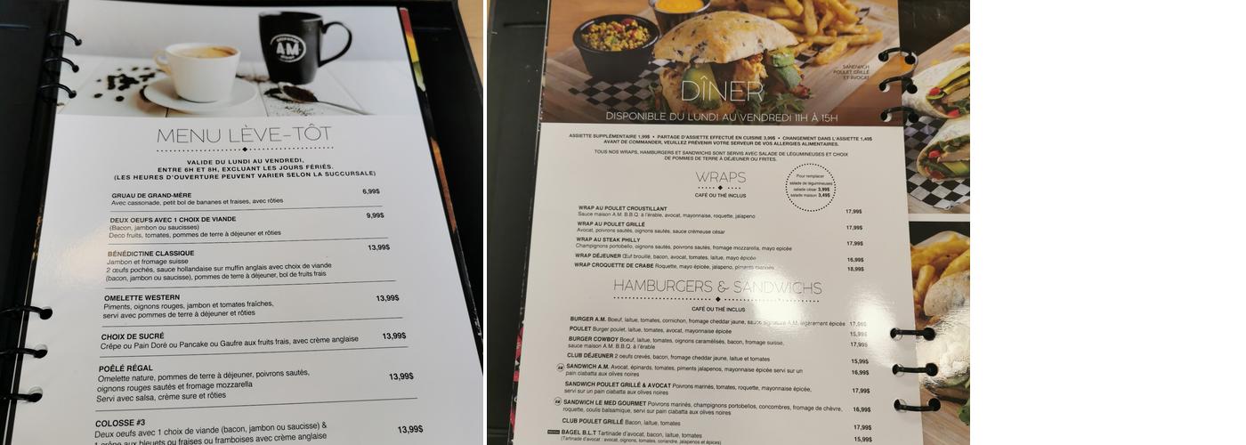 A.M. Déjeuner Dîner Menu