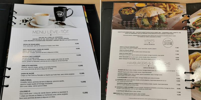 A.M. Déjeuner Dîner Menu