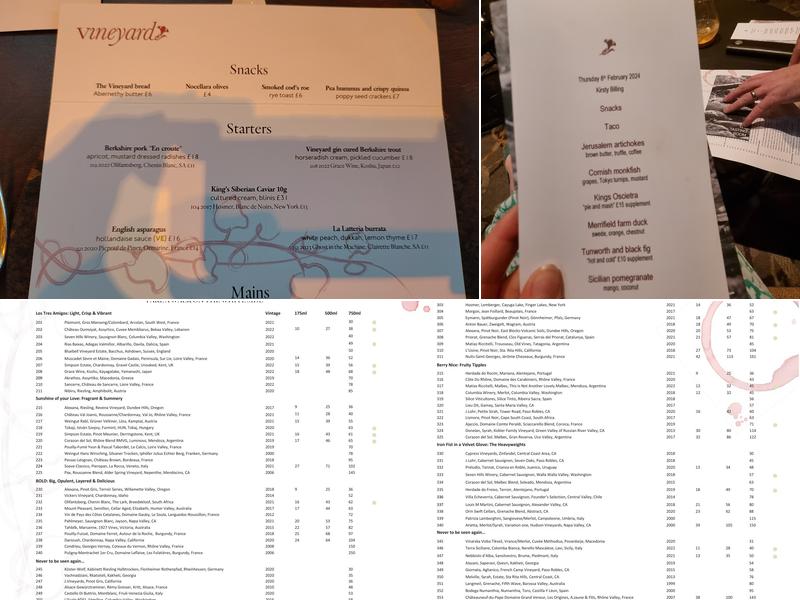 The Vineyard Hotel Menu