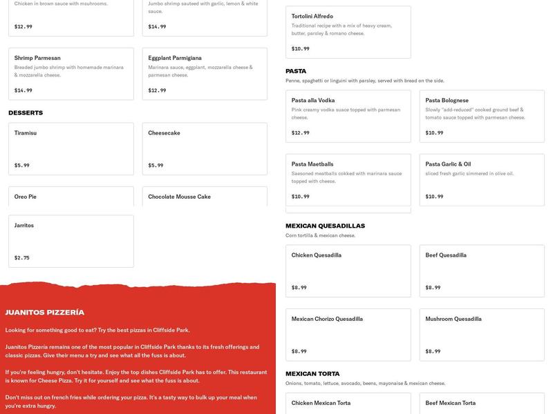 Juanitos#1 Pizzeria and Restaurant Menu