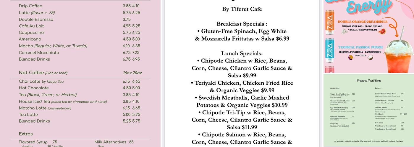 Tiferet Cafe Menu