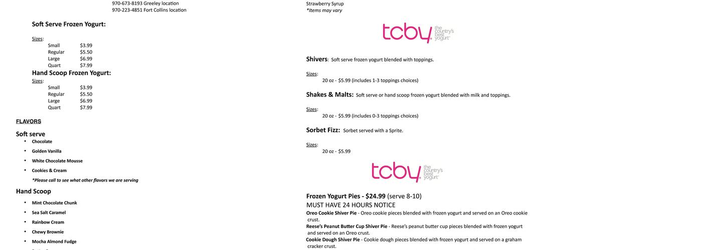 TCBY Menu