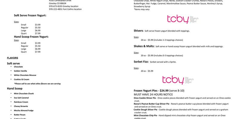TCBY Menu