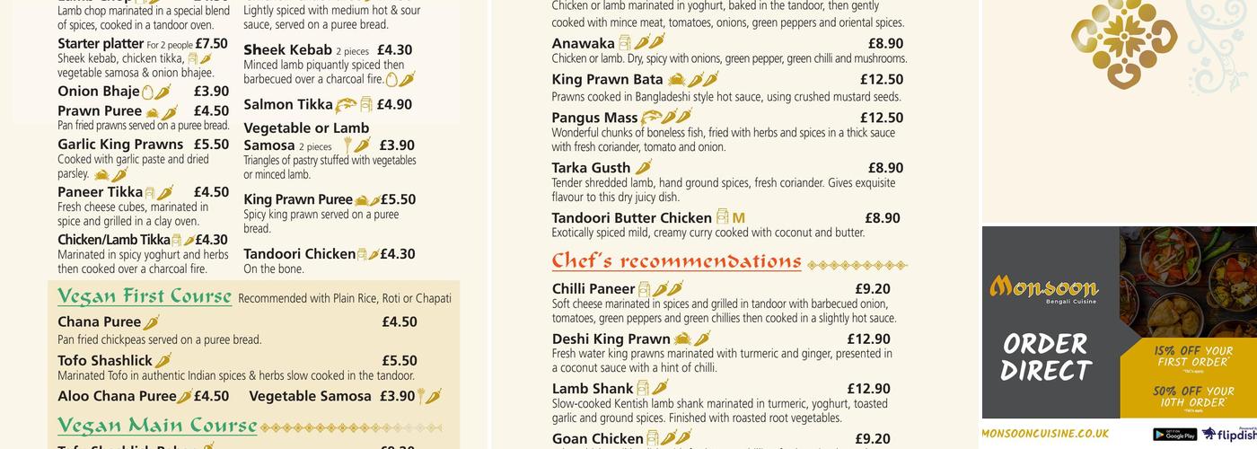 Monsoon Bengali Cuisine - Littlehampton Menu