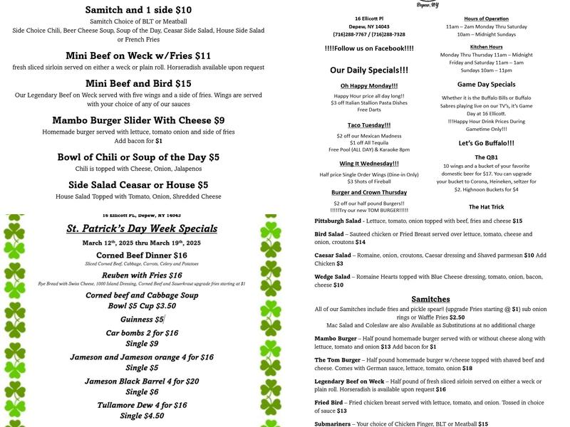 16 Ellicott Bar and Grill Menu