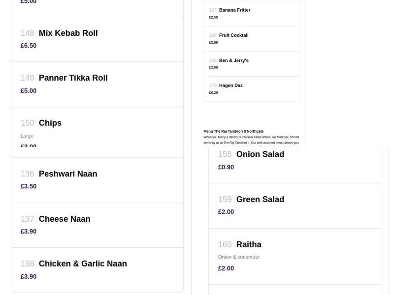 The Raj Tandoori II Menu