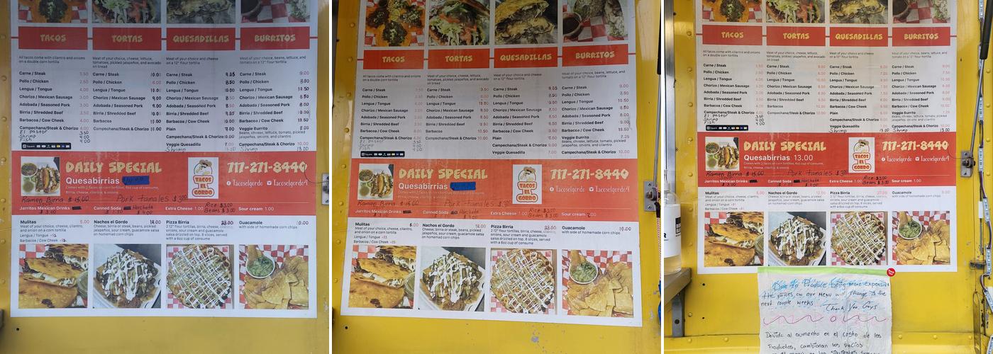 Tacos El Gordo Menu