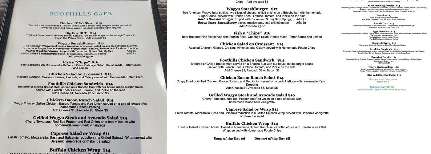 Foothills Cafe Menu