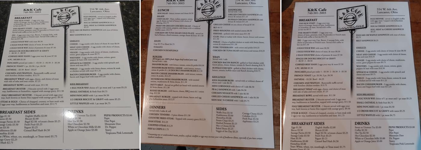 K&K Cafe Menu