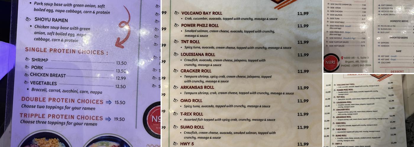 Nori Sushi and Hibachi Menu