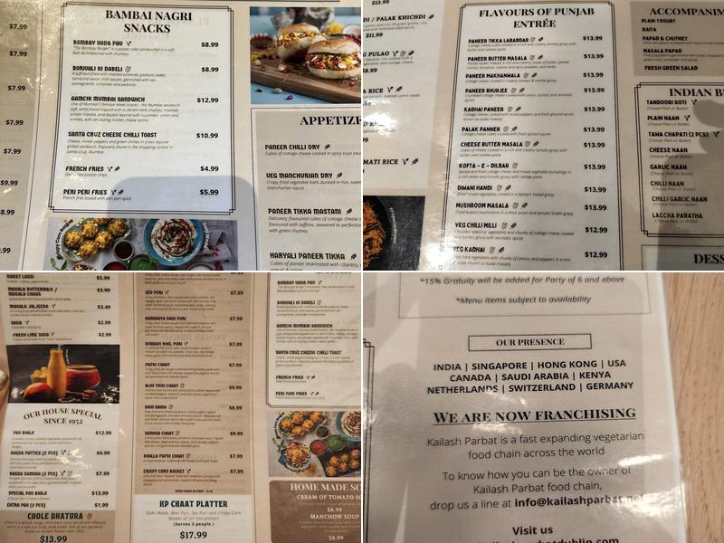 Kailash Parbat Dublin Menu