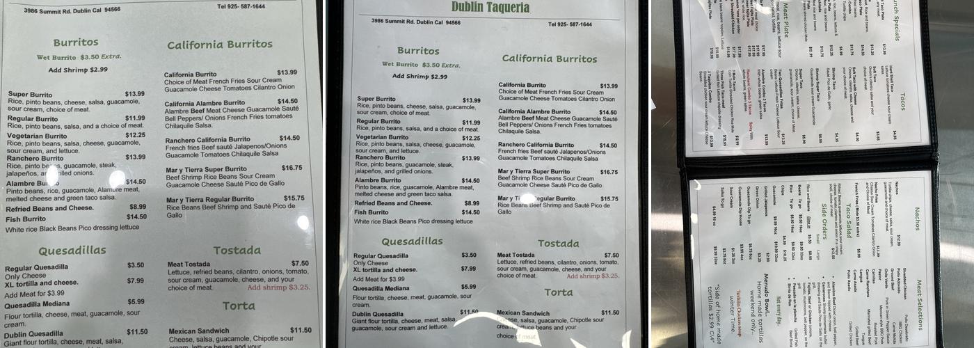 Dublin Taqueria Menu