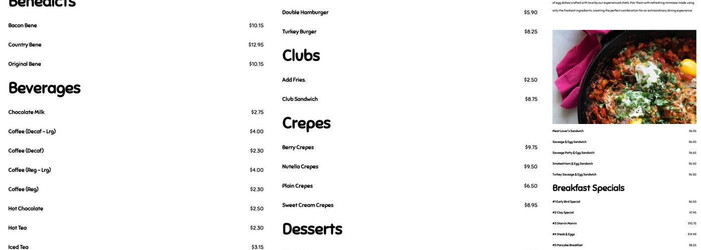 Clay Cafe Menu