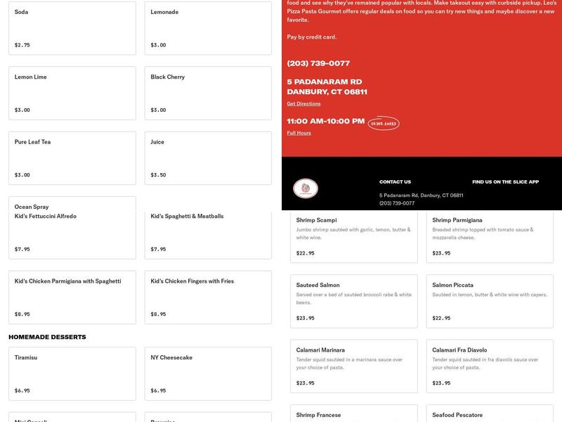 Leos Pizza Pasta Gourmet Menu