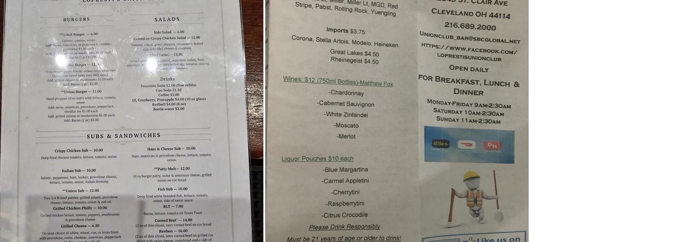 Union Club Tavern Menu