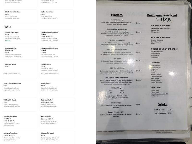 Levant Shawarma Menu