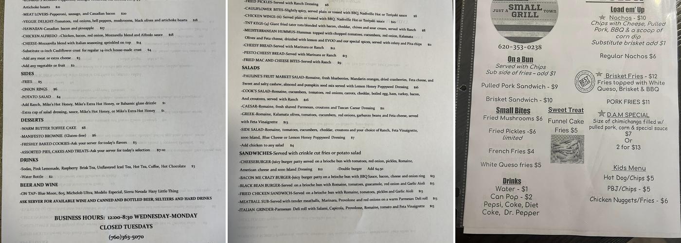 Just A Small Town Grill Menu