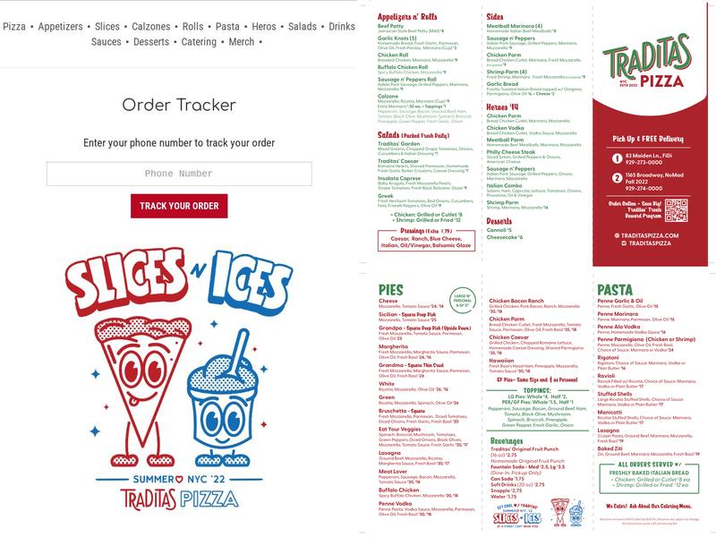 Traditas Pizza Menu