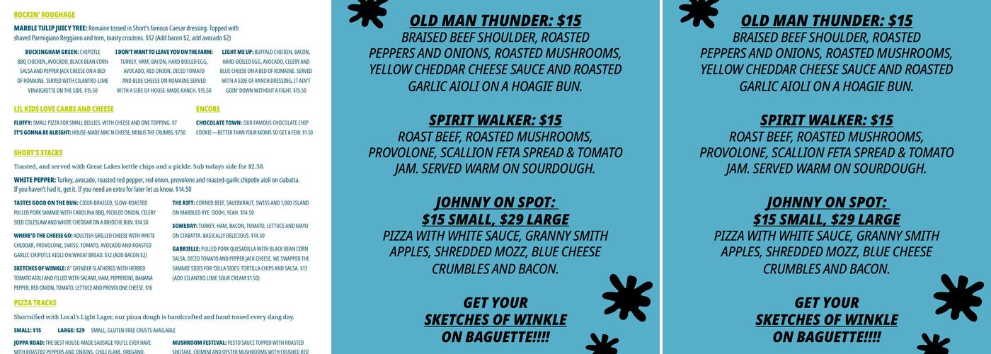 Short’s Beer Garden Menu