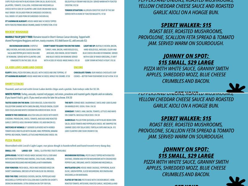 Short’s Beer Garden Menu