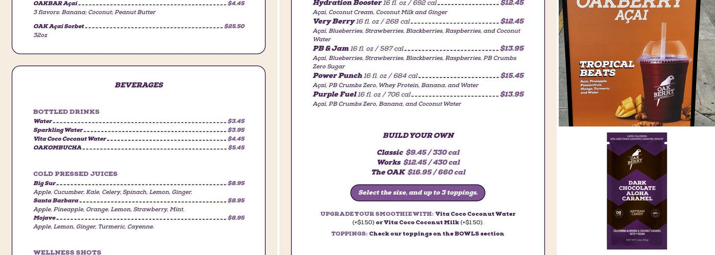 Oakberry Acai Menu