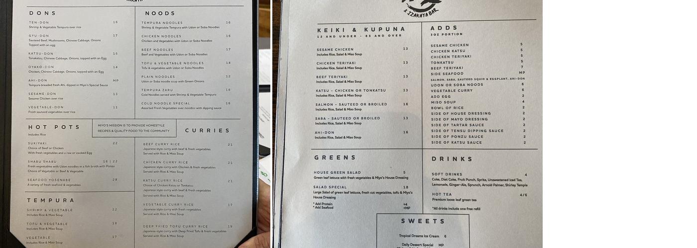 Izakaya Miyo Menu