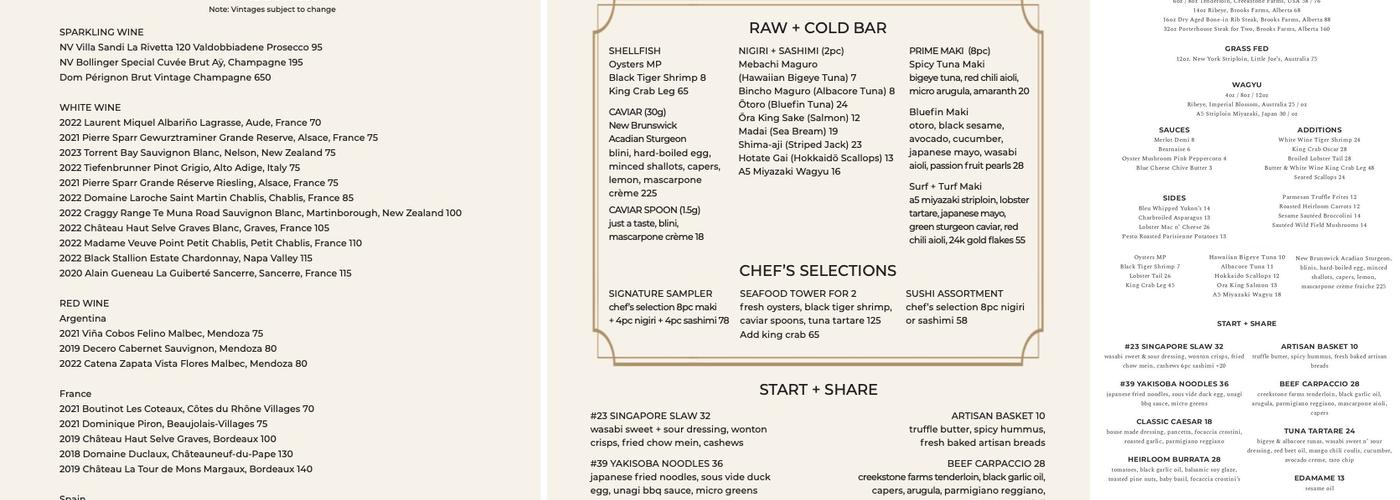 Prime Steak + Raw Bar Menu